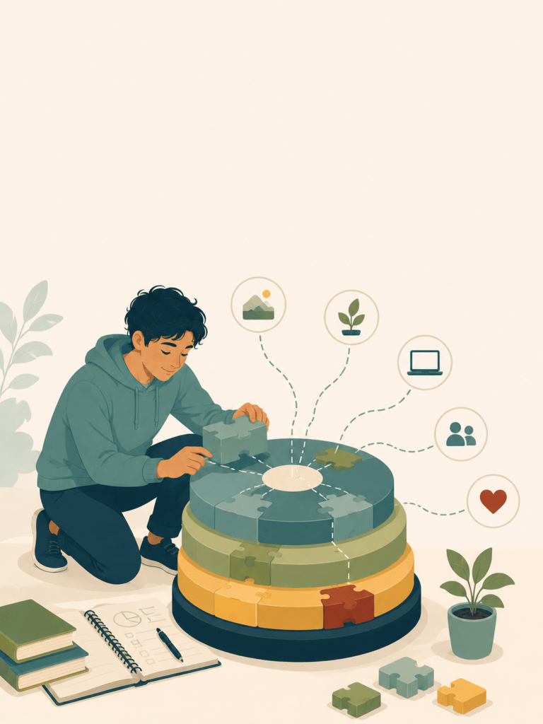 Illustration of a male blogger connecting layered puzzle pieces into a unified structure, symbolizing evaluating and refining a blog purpose so ideas work together instead of competing.