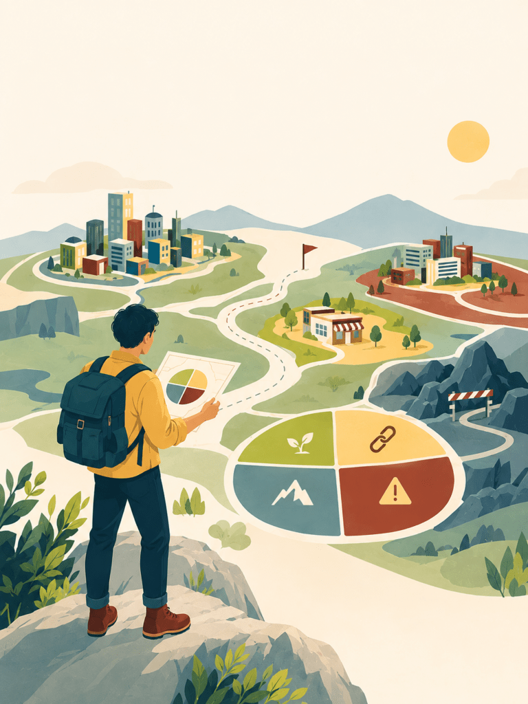 Male creator standing on a hill and studying a map of different market paths, using strategic analysis to identify opportunities, challenges, and a realistic place for his brand.