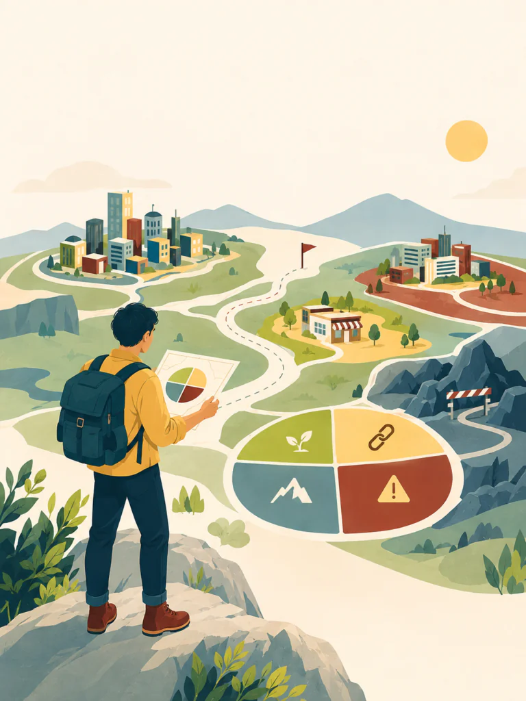 Male creator standing on a hill and studying a map of different market paths, using strategic analysis to identify opportunities, challenges, and a realistic place for his brand.