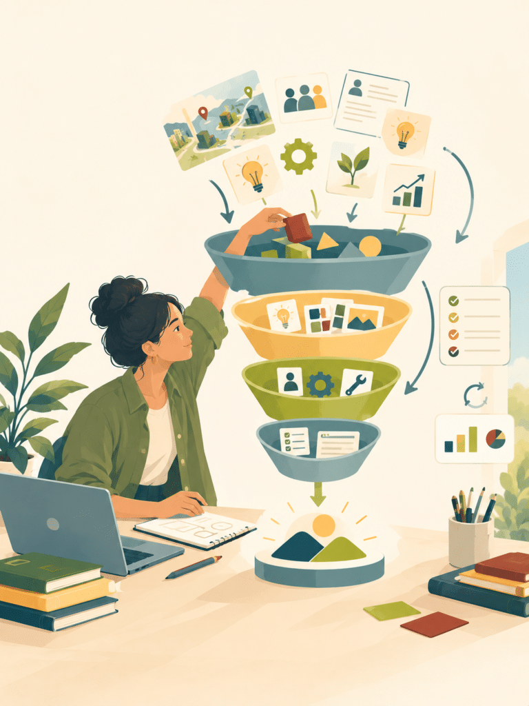 A female creator is sitting by her laptop while putting and considering different elements within a funnel to symbolize designing a multi-layered competitive advantage.